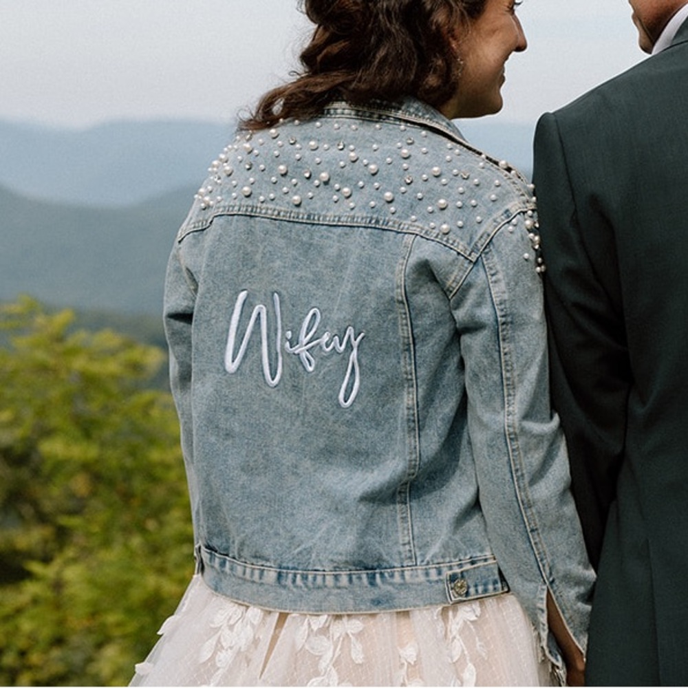 David's Bridal Blue Jean Jacket with Pearl Accents